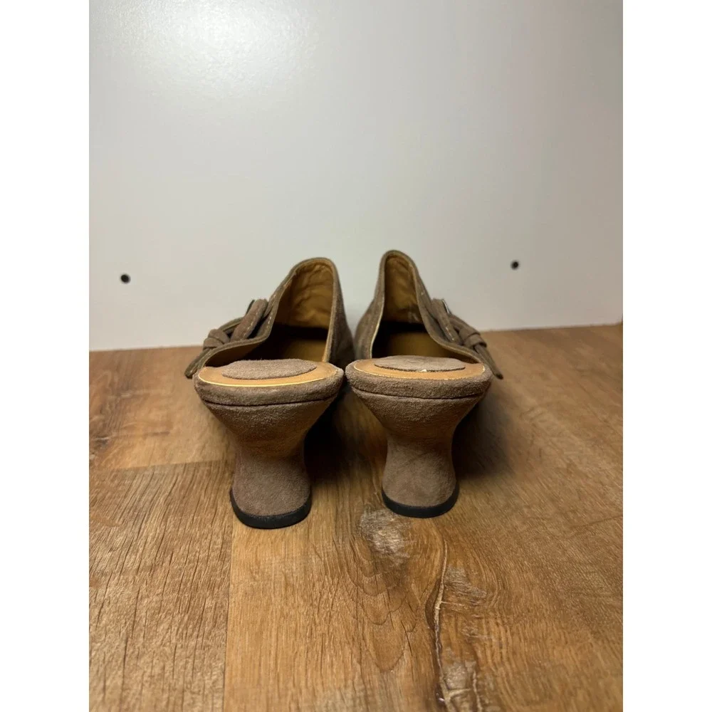 Mix It Suede Tan Leather Upper Mules Slip‎ On Heels Shoes Buckle Trim  9.5 M